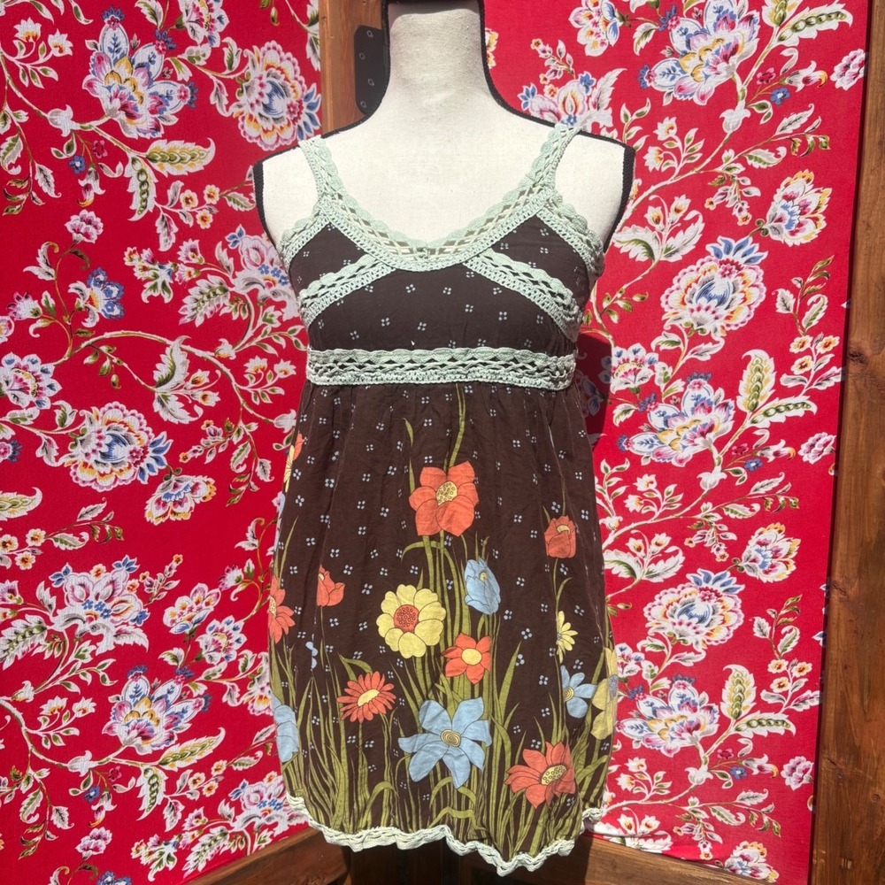 Vintage Y2K Papaya Brown Crochet Trim Floral Babydoll Tank Top Size XS-S